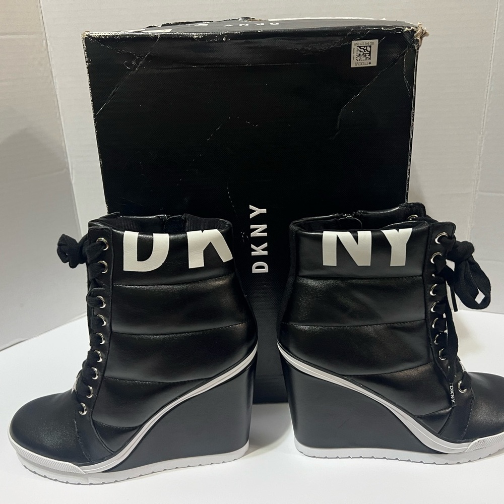DKNY Black Wedge Ankle Boots with White Logo